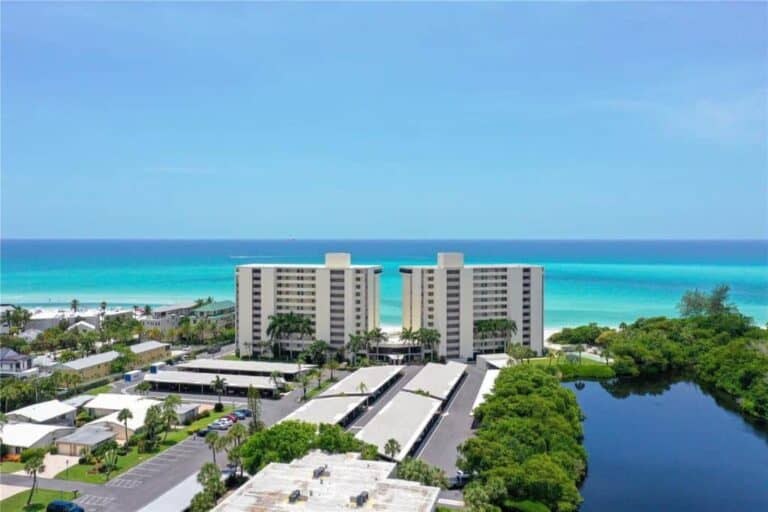 Whispering Sands Condos in Siesta Key, FL. - Buildings Aerial with Ocean Views