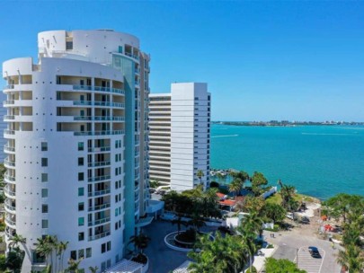 Beau Ciel Condos in Downtown Sarasota, FL. - Building Aerial with Bay