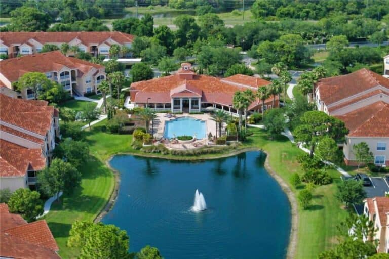 Bella Villino Condos For Sale in Palmer Ranch Sarasota, FL. - Fountain / Lake Aerial