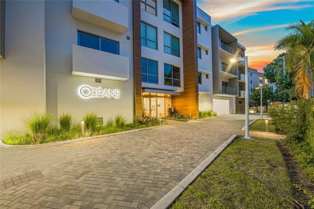 Oceane Condos in Siesta Key, FL. - Entrance at Dusk