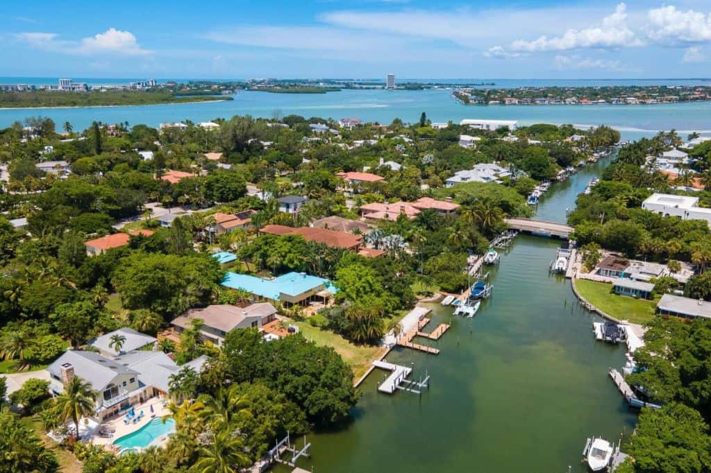 Siesta Rev Homes in Siesta Key, FL. - Canal Aerial