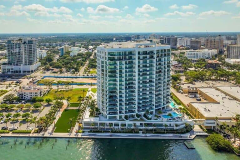 Ritz Carlton Condos in Downtown Sarasota, FL - Waterfront Building Aerial