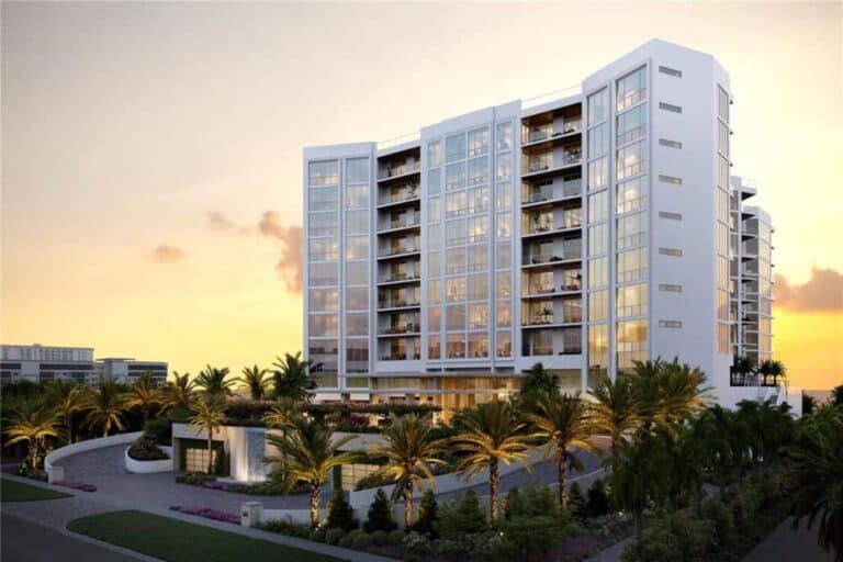 Rosewood Residences Condos in Downtown Sarasota FL - Exterior Building at Sunset