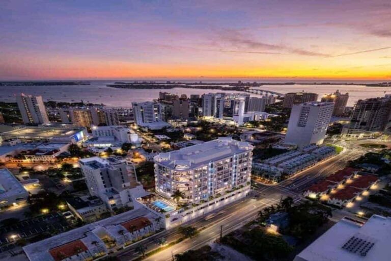 Edge Condos in Downtown Sarasota, FL. - Night Building Exterior Aerial