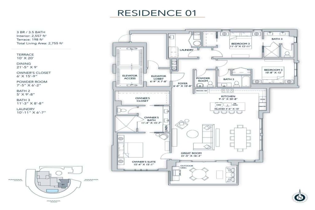 The Owen Condos in Downtown Sarasota - Residence 1 Floor Plan