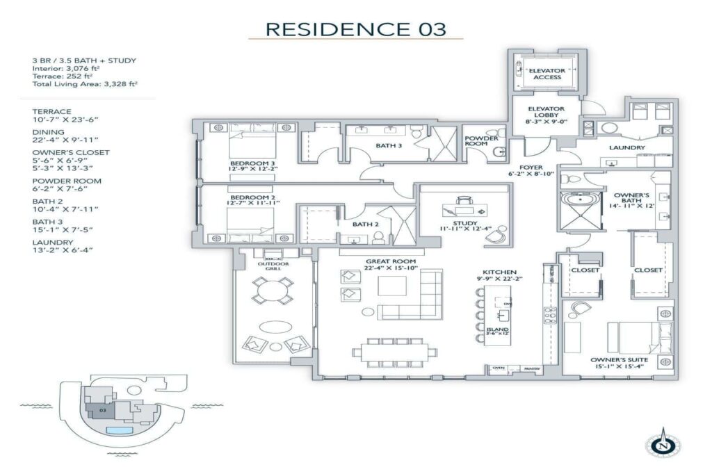 The Owen Condos in Downtown Sarasota - Residence 3 Floor Plan