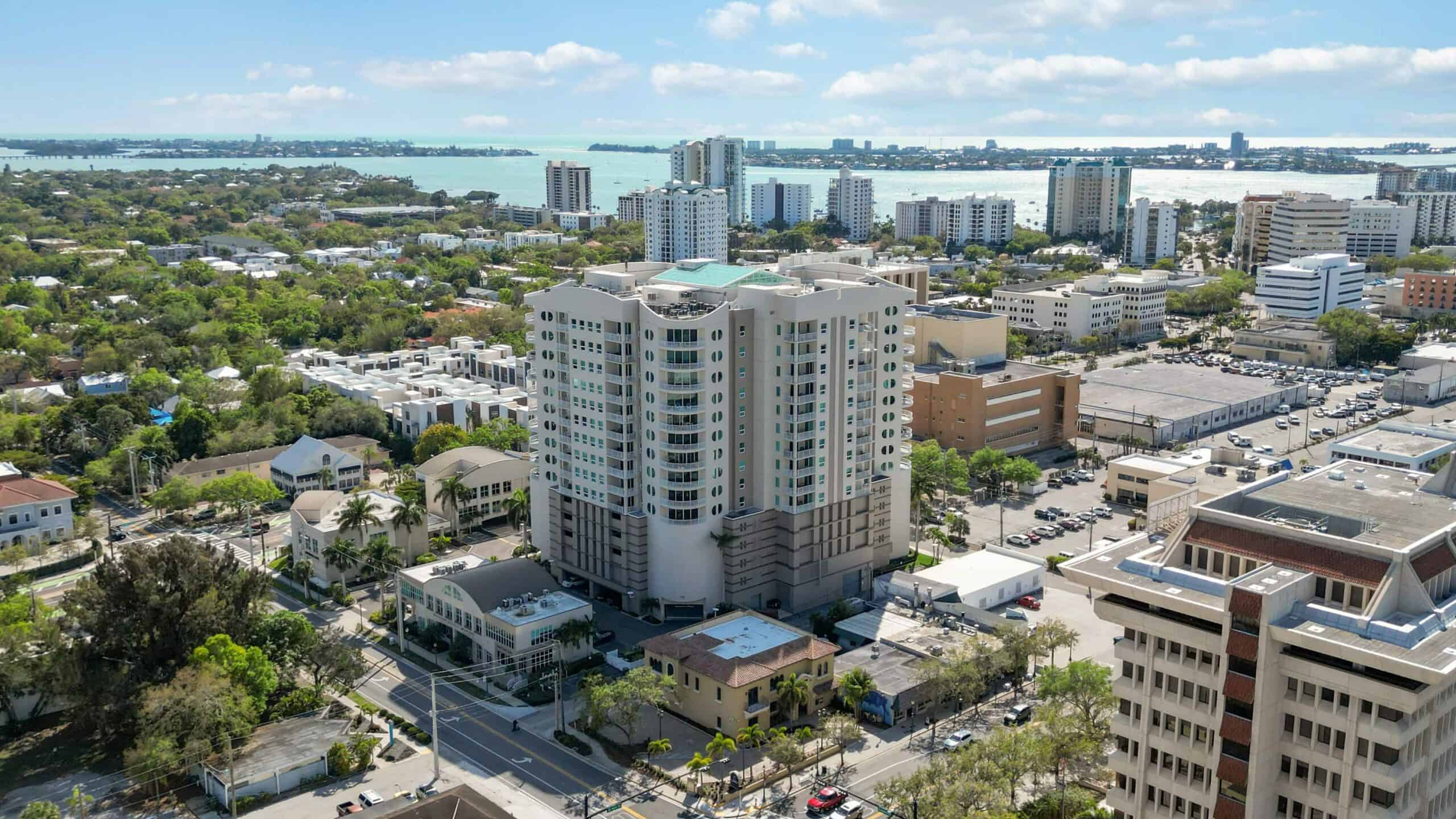 Aerial view of Rivo at Ringling, featuring excellent views of downtown and peekaboo views of the bay