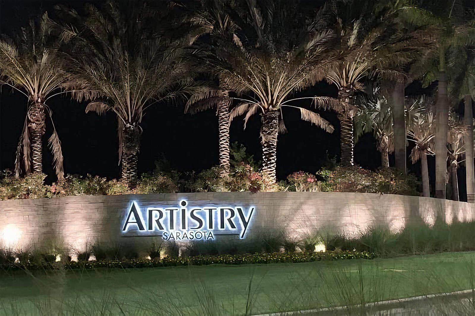 Artistry homes for sale in Sarasota, FL. - Entrance sign at night