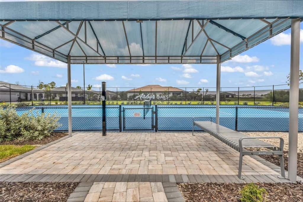Covered seating area at Arbor Oaks in North Port, Florida.